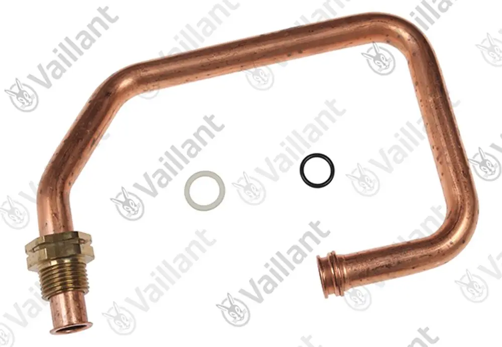 Kupferrohr mit einer gebogenen Form, einem Anschlussstück und zwei Dichtungen, aus der Vaillant Produktlinie.